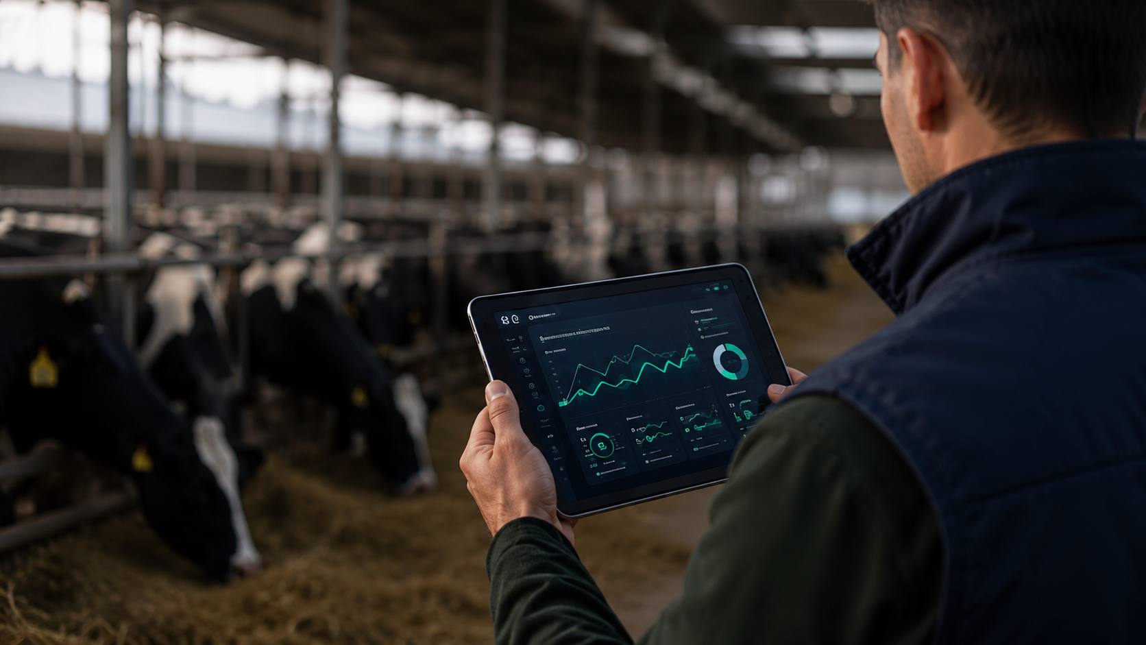 Técnico revisando resultados en tablet dentro del establo